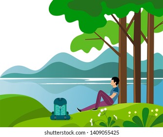 A man traveler sits on a hill under a tree resting and looks into the distance and the river. Vector illustration in cartoon style. Camping in the woods