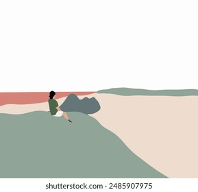 Man traveler sitting on the edge of cliff with sea beach on background. Wanderlust concept scene. Holiday vacation travel.