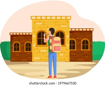 Man traveler standing with backpack making photo next to stone building in old city on tour. Old-time house famous landmark, attractive beautyfull city, ancient medieval town place, tourist excursion