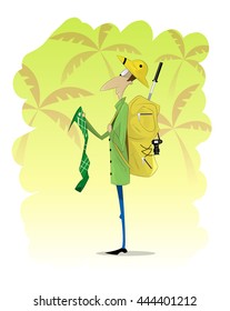 Man traveler standing and looking at map on jungle background. Vector illustration. Travel, scientific expeditions, treasure hunt concept illustration
