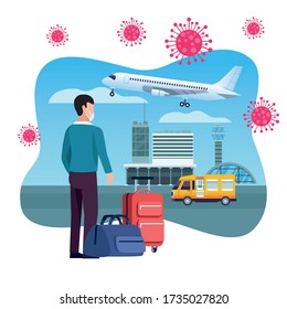 man traveler using medical mask in airport vector illustration design