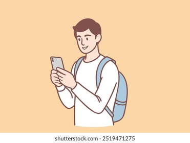 Man Traveler using smartphone, watches videos, writes for a blog or communicates with friends on a mobile phone. Hand drawn style vector design illustrations.