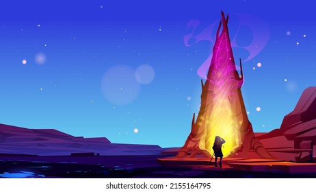 Man traveler walk to magic portal between tree trunks at night. Vector cartoon fantasy illustration for adventure game background. Mountain landscape with fantastic glow gates to alien world