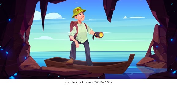 Man Traveler In Wooden Boat Explore Rock Cave On Sea Shore. Stone Cavern In Mountain On Ocean Coast With Blue Crystals And Tourist Character With Flashlight And Backpack, Vector Cartoon Illustration