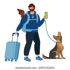 Man traveling alone with his dogs. Illustration of the concept of traveling with pets. Transportation of pets. Flat vector illustration. Domestic animals and pets concept for banner, website design 