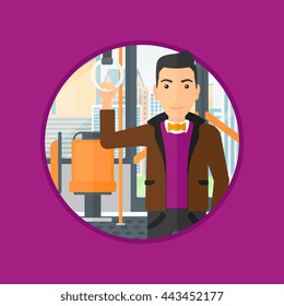 Man traveling by public transport. Young man standing inside public transport. Man traveling by passenger bus or subway. Vector flat design illustration in the circle isolated on background.