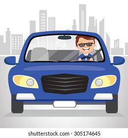 Man traveling in car on cityscape. Vector illustration of a young man driving in the city.