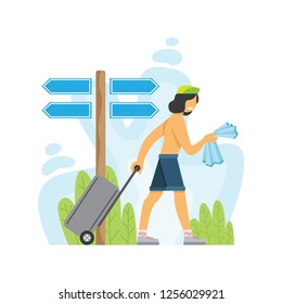 Man traveling design, with traveling case. Flat Vector illustration.