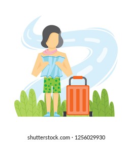 Man traveling design, with traveling case. Flat Vector illustration.