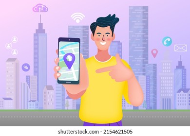 Man traveling to destination using mobile and gps system. Young man using smartphone map application. Location pin on screen. Search map navigation on app. vector illustration.