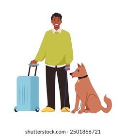 Man traveling with dog. Vector illustration of a man in casual clothes holding a suitcase and dog leash, accompanied by his dog sitting beside him. Travel with pet concept.