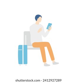 man traveling. He is sitting and looking up his destination on his smartphone.