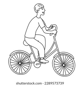 Man traveling on bike, healthy and sport lifestyle concept, flat vector outline for coloring book