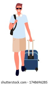 Man traveling on vacation vector, isolated male character wearing sunglasses and carrying luggage. Bag on shoulder of traveler, adventurous person