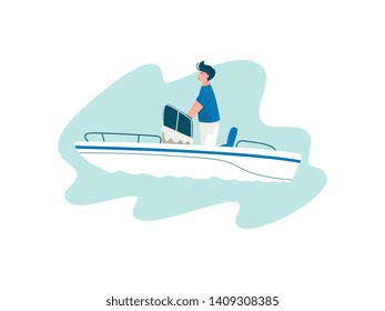 Man Traveling on Yacht at Sea on Summertime, Summer Outdoors Activities Vector Illustration