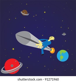 Man traveling in outer space in a rocket. EPS 8 Format Vector file. All related objects and placed in separate layers for easy editing.