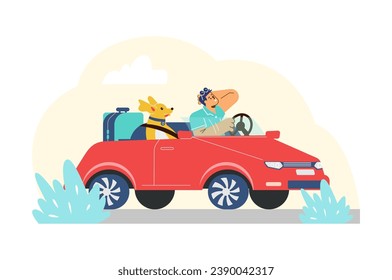 Man traveling with pet in car, flat vector illustration isolated on white background. Safely transporting domestic animal while traveling and joint vacation with pet.