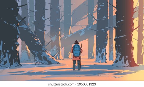 man traveling in a snowy forest, vector illustration