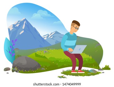 Man traveling and working online vector, male with laptop sitting on lawn surrounded by mountains. Character coding and programing while travel flat style. Mountain tourism. Flat cartoon