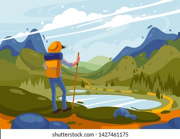 Man  traveller with backpack. Explorer standing on top of mountain. Adventure of a young man in the mountains, travel on hiking trails. Concept of discovery, exploration, hiking, adventure tourism.