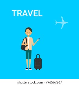 Man Traveller With Bag Holding Smart Phone Gadget Young Caucasian Guy Travel On Air Blue Background With Airplane Flat Vector Illustration