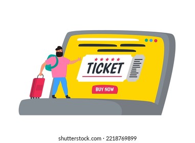 man traveller with baggage buy ticket online using laptop internet website vector illustration
