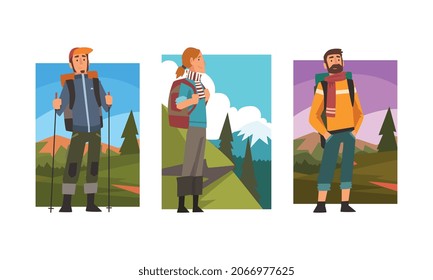 Man Traveller or Explorer with Backpack Standing and Looking Ahead Vector Set