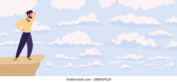 Man, traveller or explorer standing on top of mountain or cliff and looking beyond the distance. Concept of search, discovery, exploration, hiking, adventure tourism and travel. Design in flat style.