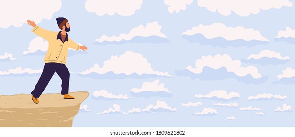 Man, traveller or explorer standing on top of mountain or cliff and looking on distance. Concept of discovery, exploration, hiking, adventure tourism and travel. Design in flat style.