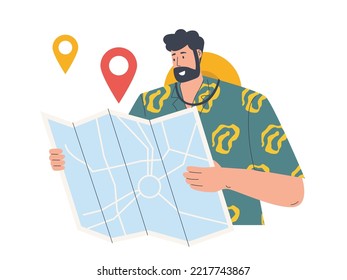 Man traveller looking into map to see the road, location searching, tourist with map