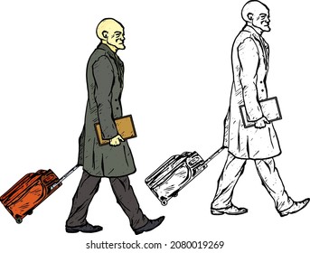 Man traveller pulling a luggage bag while holding a tablet. Hand drawn vector illustration.