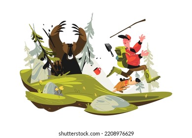 Man Traveller Running Away From Attacking Bear Vector Illustration. Bear Attack Flat Concept. Adventure And Travelling Idea