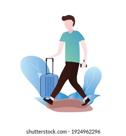 Man as traveller walking on the street bring lugage bag. Concept for Travel. Flat style vector illustration isolated on white background. Travelling concept.