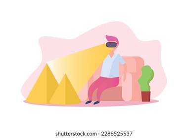 Man travelling around world through virtual reality in vr headset flat vector illustration
