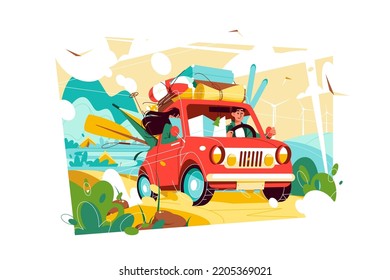 Man travelling by car, road trip with family vector illustration. Summer travel flat style concept. Time to travel