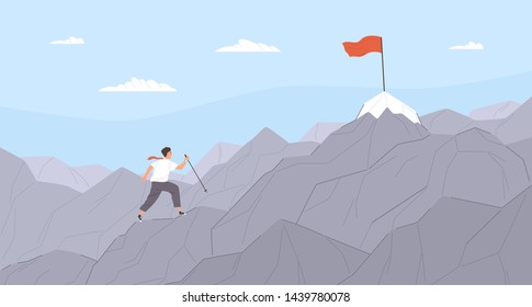 Man travelling through mountain ridge to final destination point. Office worker climbing up cliffs. Concept of business goal achievement, career journey. Flat cartoon colorful vector illustration.