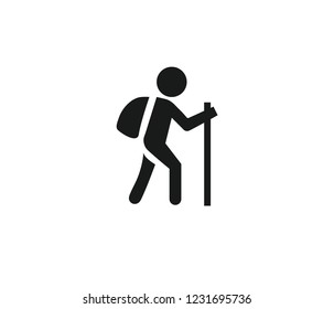 Man travels with backpack and stick icon