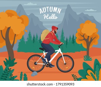 Man travels by bicycle in autumn. Time to travel concept. Vector illustration in flat style