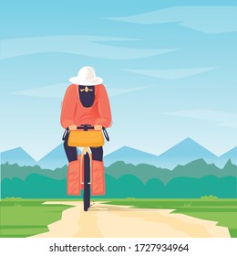 Man travels by bicycle, cycling, bikepacking. Flat design vector illustration.