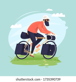 Man travels by bicycle, cycling, bikepacking. Flat design vector illustration.	