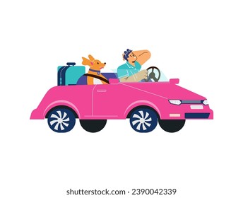 Man travels by car with a dog, vector illustration isolated on white. Road Trip with pet, cute animal. Happy young guy driving transport, friends went on a vacation trip together. Flat cartoon style.