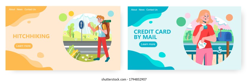Man travels by hitchhiking on a road. Woman received credit card from bank by mail post. Concept illustration. Vector web site design template