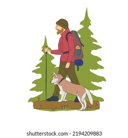 man travels with his dog along. A young man walking alone along a forest path. Adventure travel. Summer vacation. Around the world. Vector illustration.