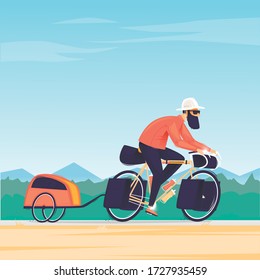 Man travels on a bike with a trailer, cycling, bikepacking. Flat design vector illustration.