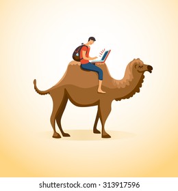 A man travels on a camel with a laptop. Business and travel concept.