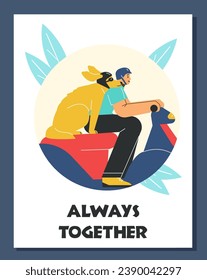 Man travels on motorbike with a dog, vector banner or card. Happy young guy, male driving transport, on moped in helmet. Road trip together with pet, cute animal. Flat cartoon style.