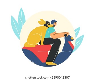 Man travels on motorbike with a dog, vector illustration isolated on white. Happy young guy, male driving transport, on moped in helmet. Road trip together with pet, cute animal. Flat cartoon style.