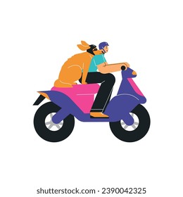 El hombre viaja en moto con un perro, ilustración vectorial aislada en blanco. Viaje por carretera junto con mascota, animal lindo. Feliz joven conductor conduciendo en transporte, con ciclomotor en casco. Estilo de caricatura plano.