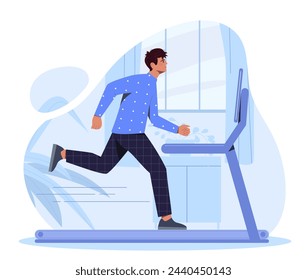 Man at treadmill concept. Young guy with fitness equipment. Active lifestyle and cardio training, workout in gym. Sportsman and athlete. Cartoon flat vector illustration isolated on white background