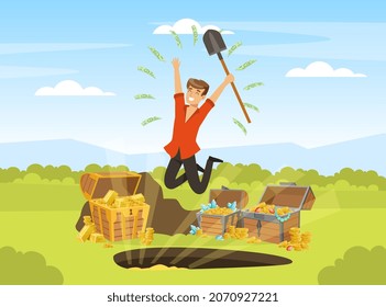 Man Treasure Hunter Finding Chest with Precious Jewel Vector Illustration